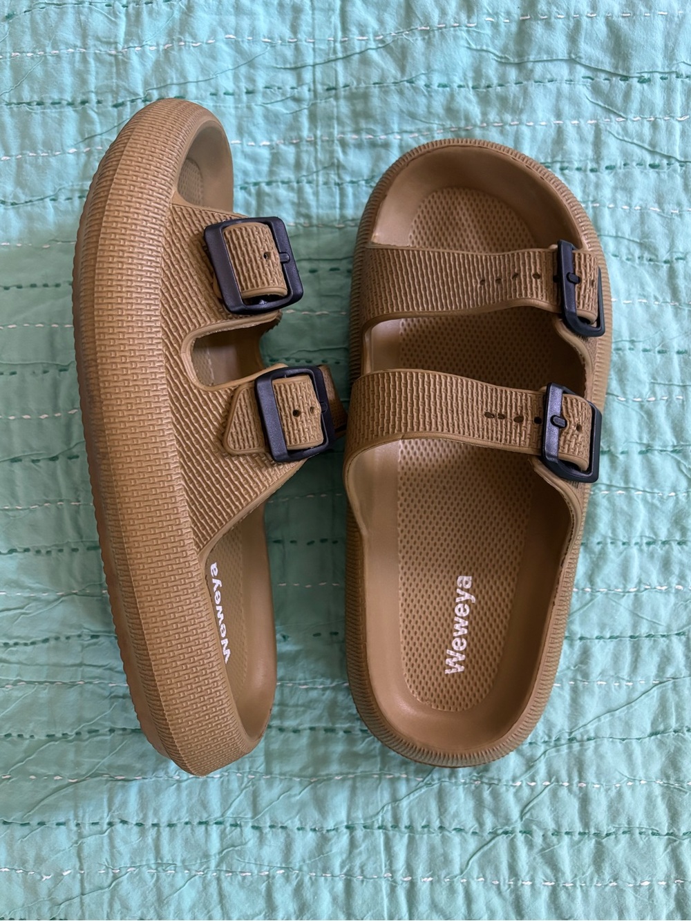 Weweya Minimalist Comfort Tan Dual Buckle Slides • Neutral Everyday Sandals